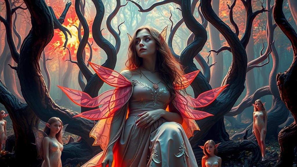 Mystical Forest: Woman with Elves in a Surreal Landscape