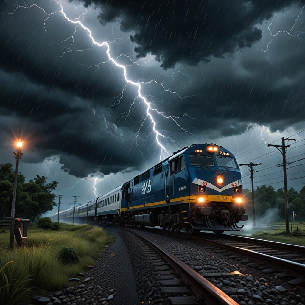 Dramatic Train Journey Through Stormy Night