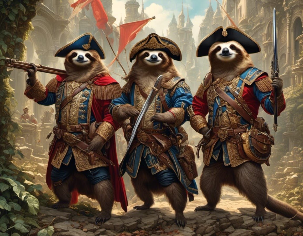 Three Sloth Musketeers in Dark Fantasy Style