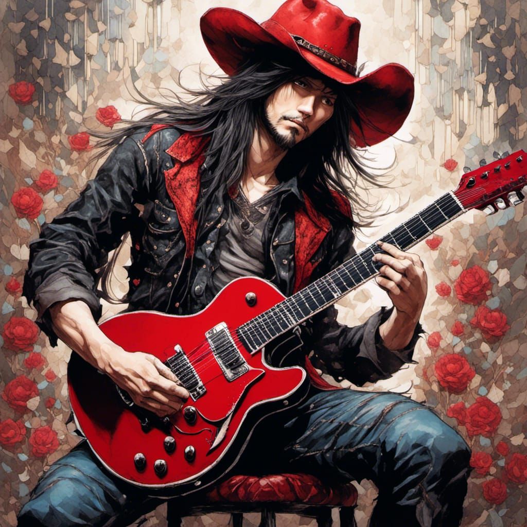 Musician with Red Cowboy Hat in Anime Splatter Style