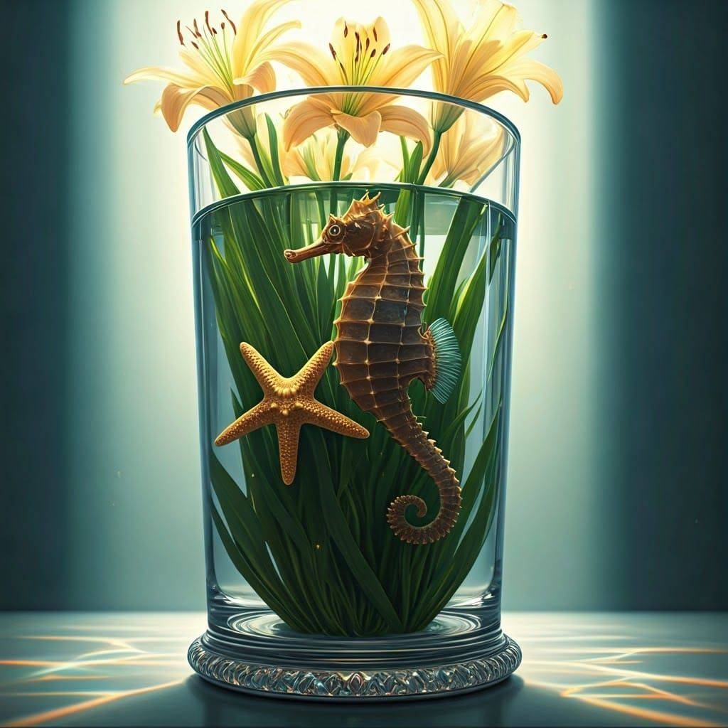 Seahorse and Starfish in Glimmering Vase
