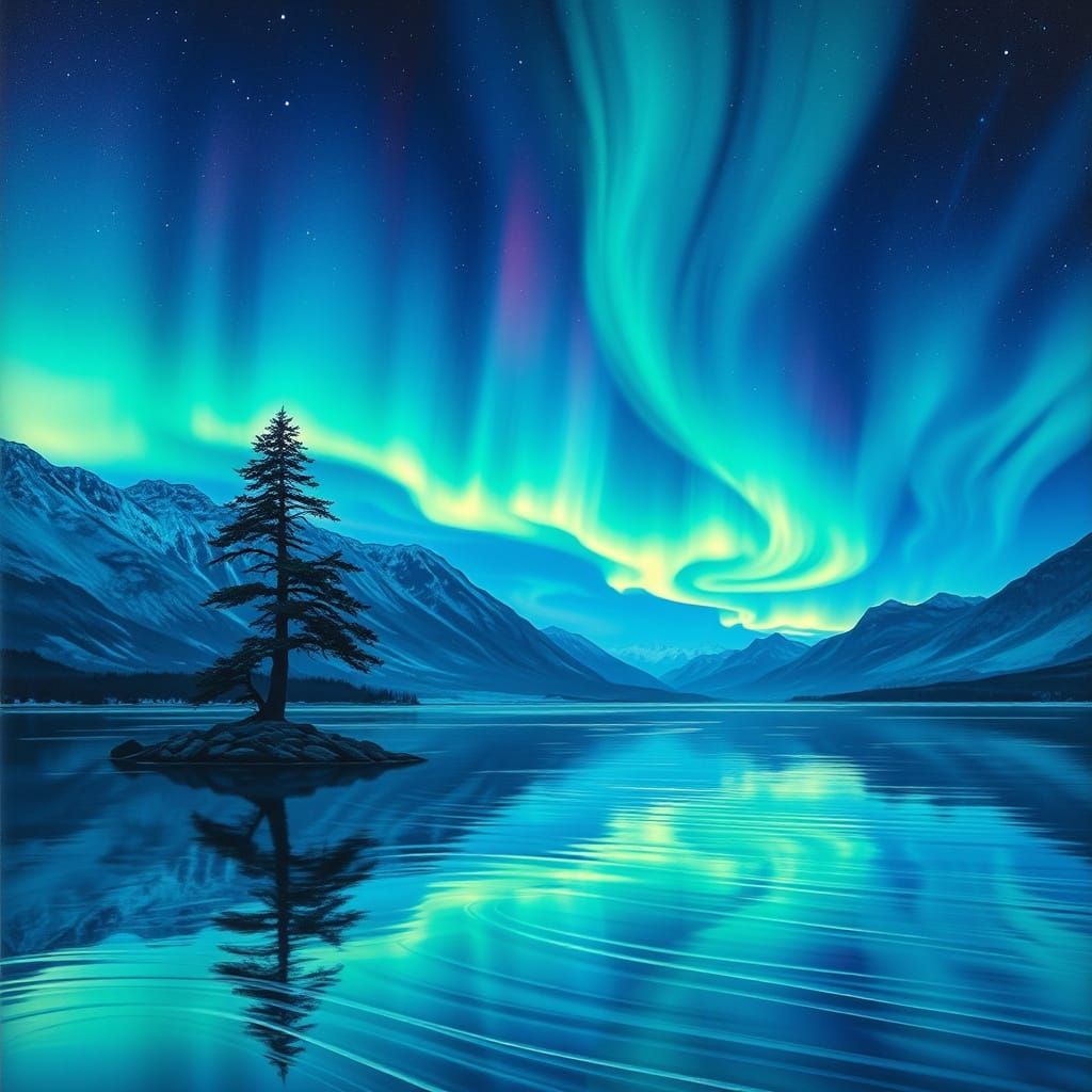 Dreamlike Aurora Borealis Over Majestic Mountain Landscape