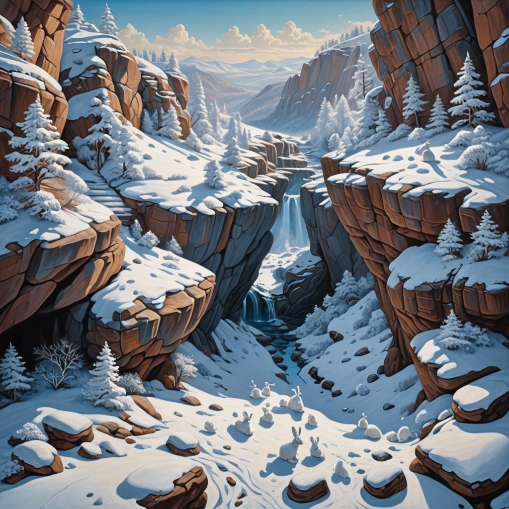 Whimsical Snowy Rockscapes in Oil Paint Style
