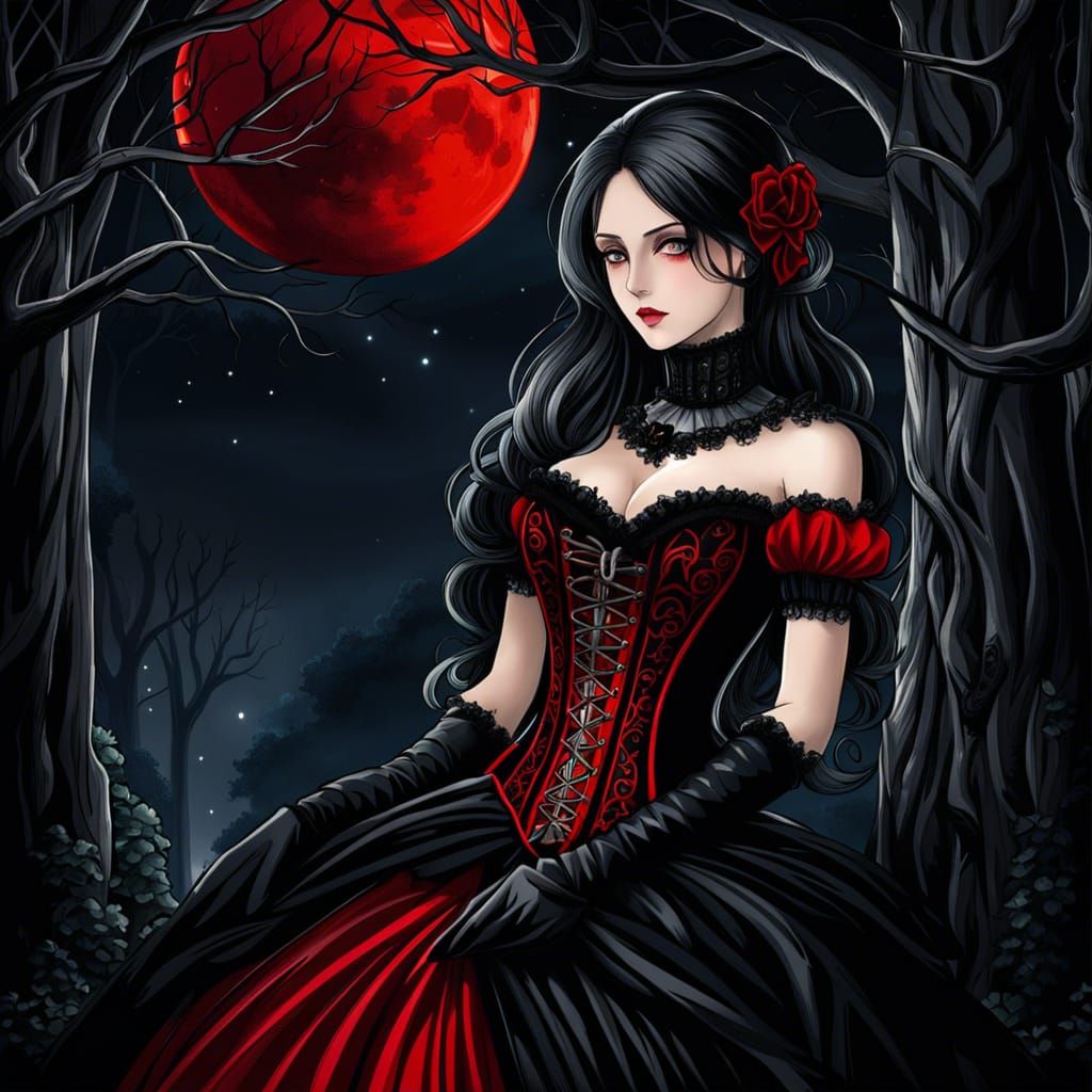 Gothic Victorian Woman in Forest, Anime Manga Style