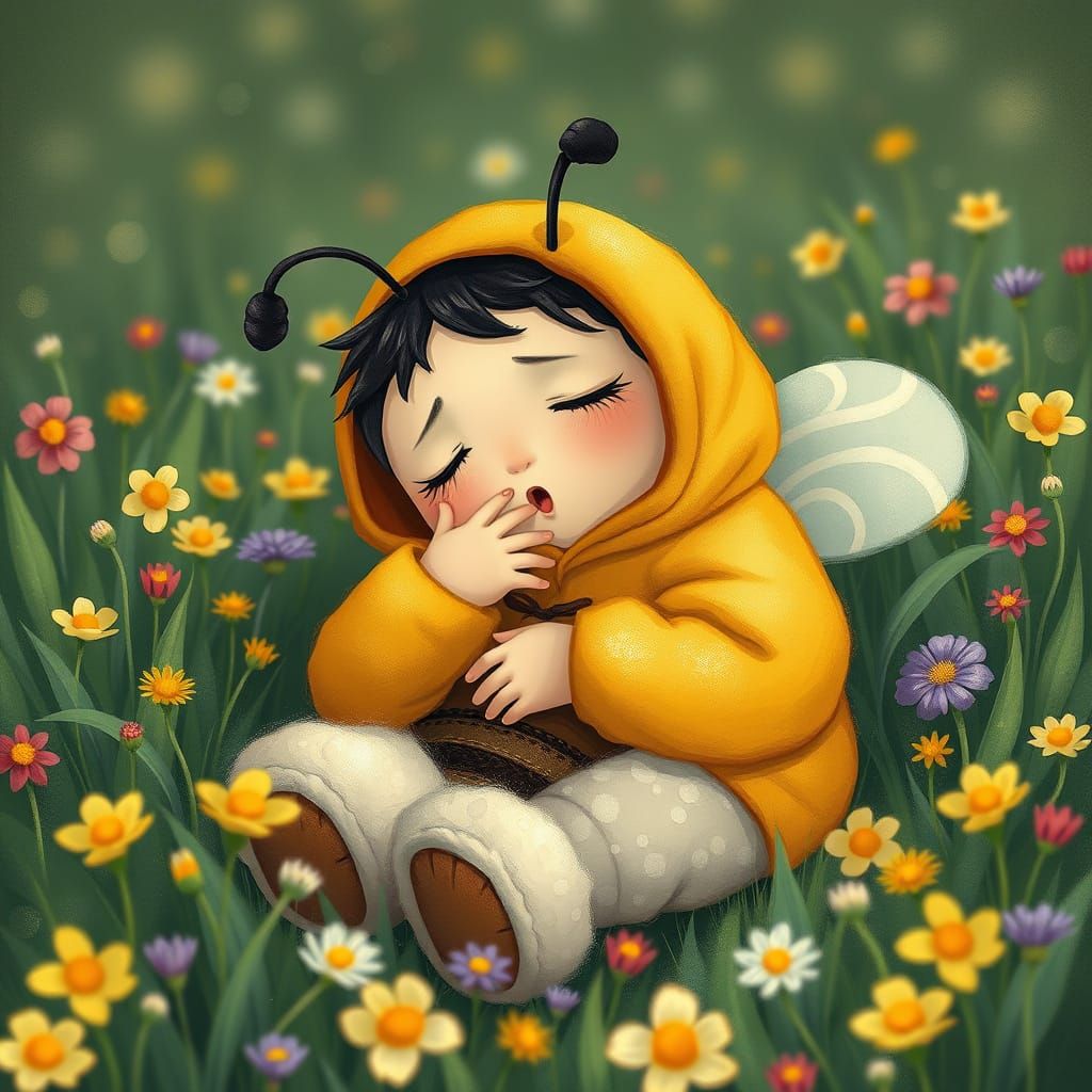 Sleepy Bee Person in Flower Meadow