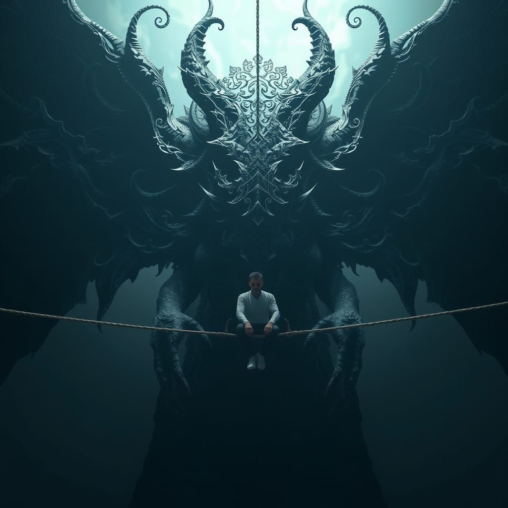 Surreal Figure Confronts Mythological Creature in Dark Style