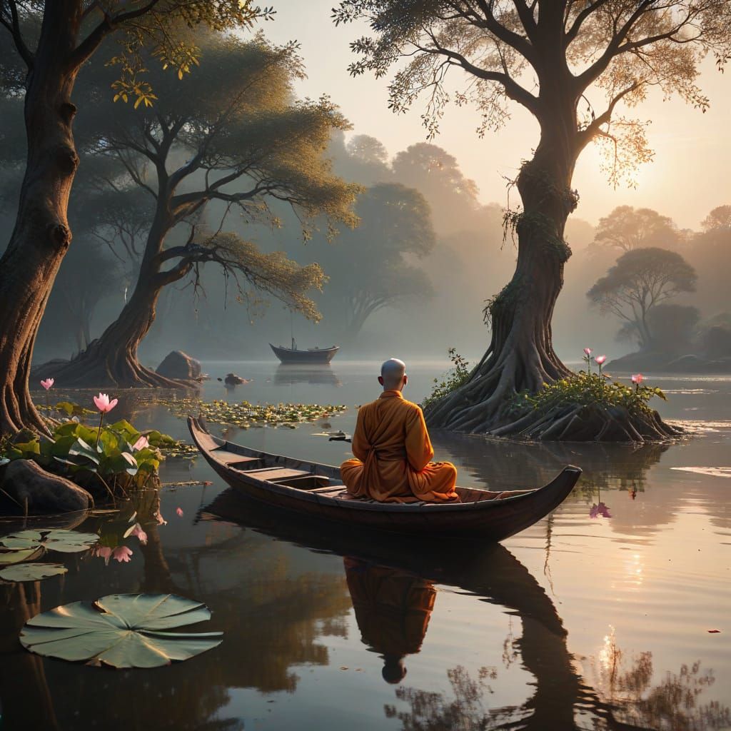 Ethereal Sunrise Serenity in Digital Oil Painting