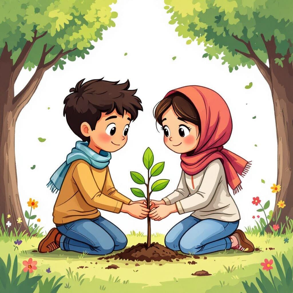 Children Planting a Tree in Cartoon Style