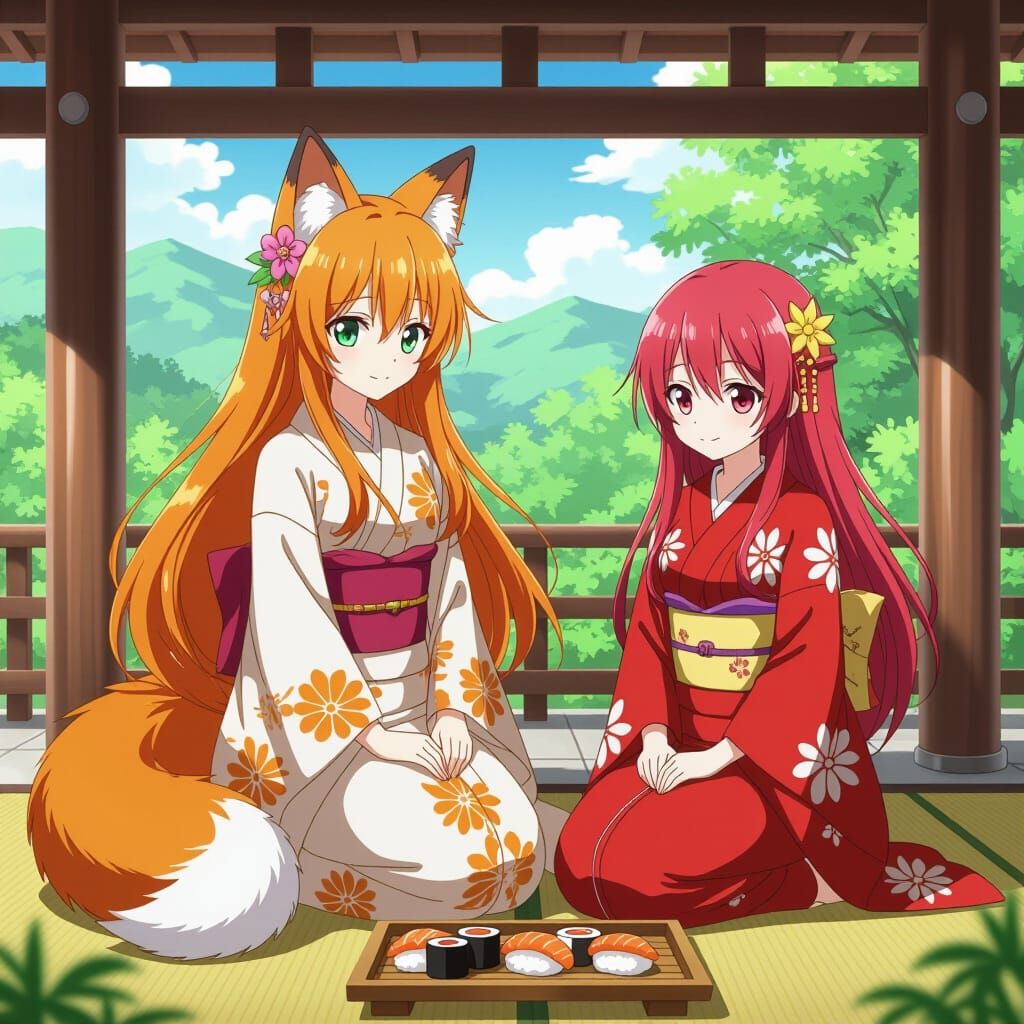 Anime Fox Girl and Friend Enjoying Sushi
