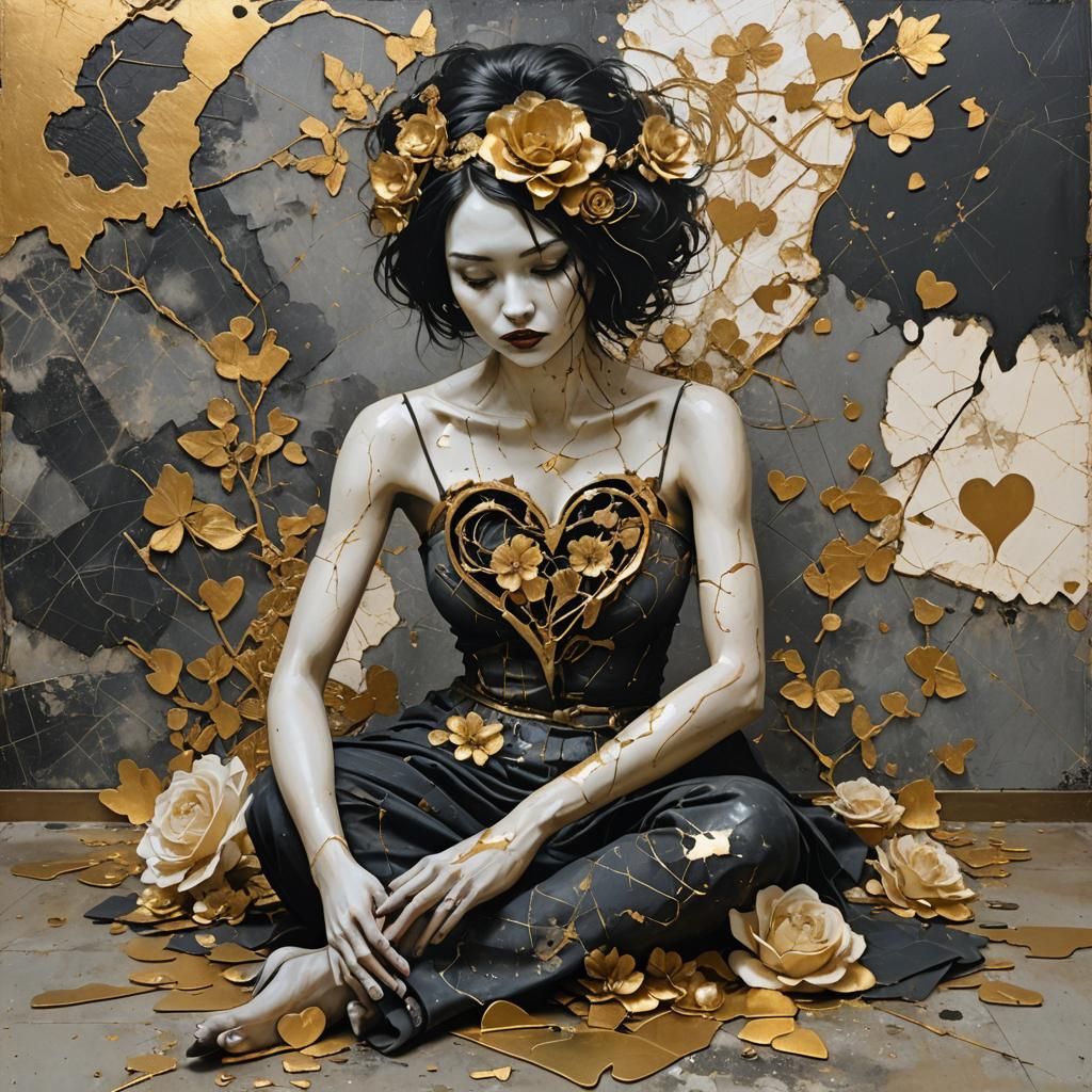 Mixed Media Collage: Woman with Broken Metal Heart