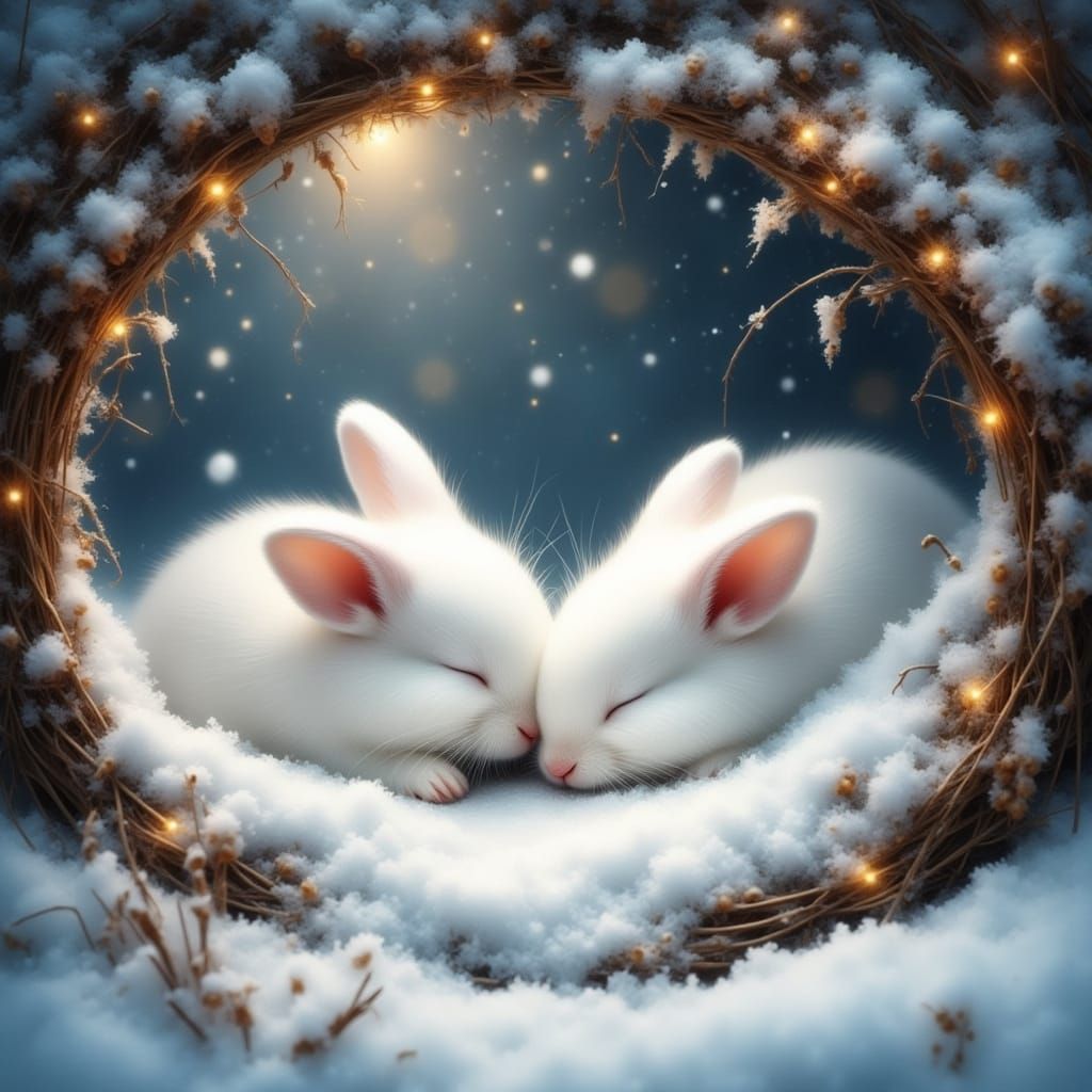 Cute Rabbits Sleeping in Snowy Winter Den