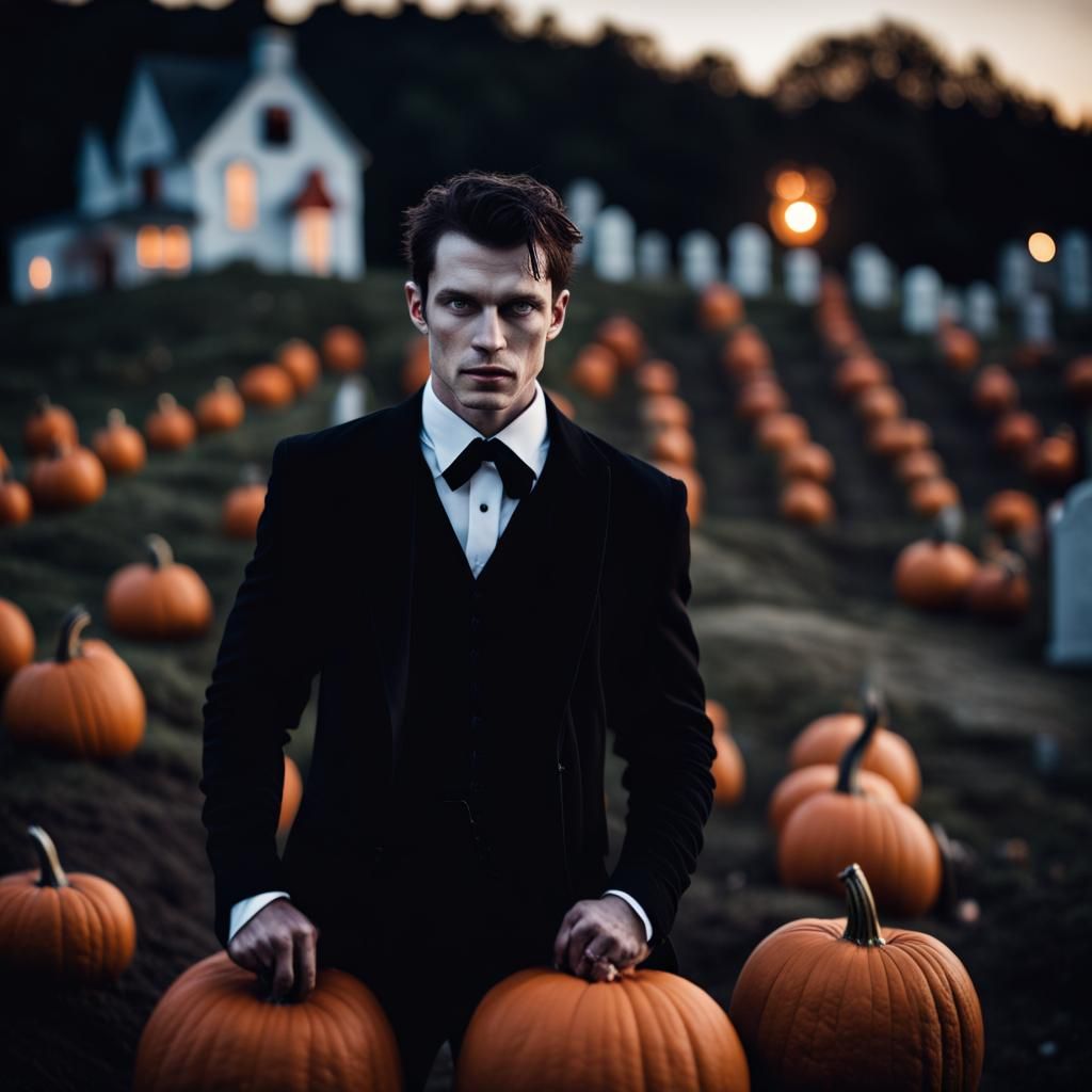 Handsome Vampire Ascends Hill on Halloween Night