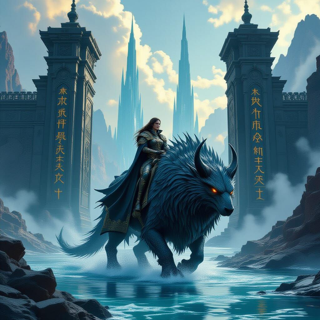 Woman Rides Spectral Beast Amidst Rune-Carved Gates