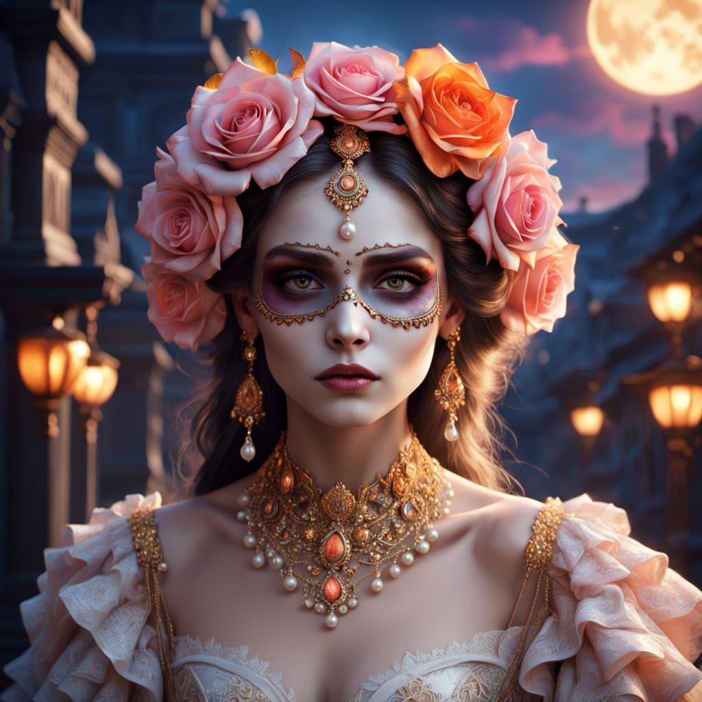 Catrina Portrait with Intricate Sugar Skull Makeup and Rose ...