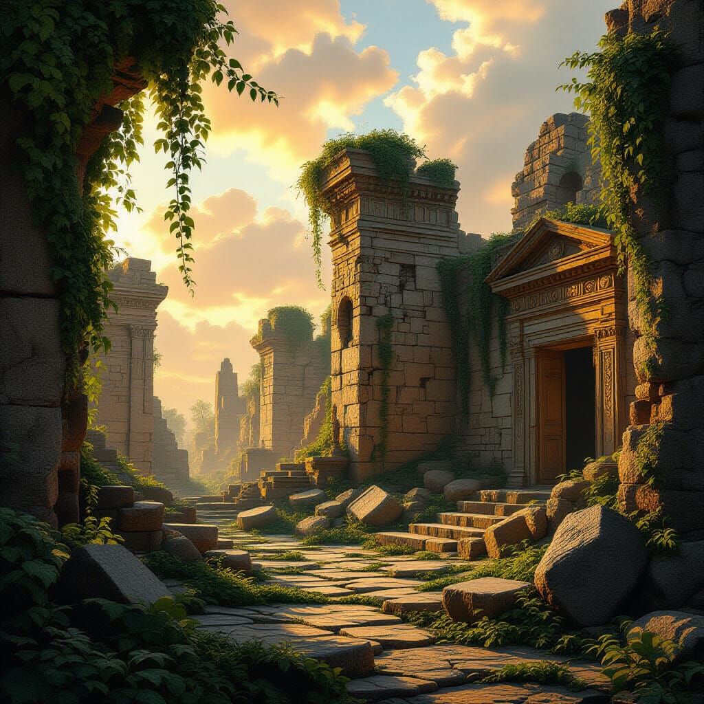 Overgrown Ruins in Dystopian Nostalgic Style