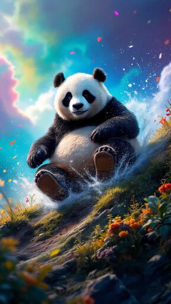 Vibrant Hyperrealistic Panda in Mid Slide