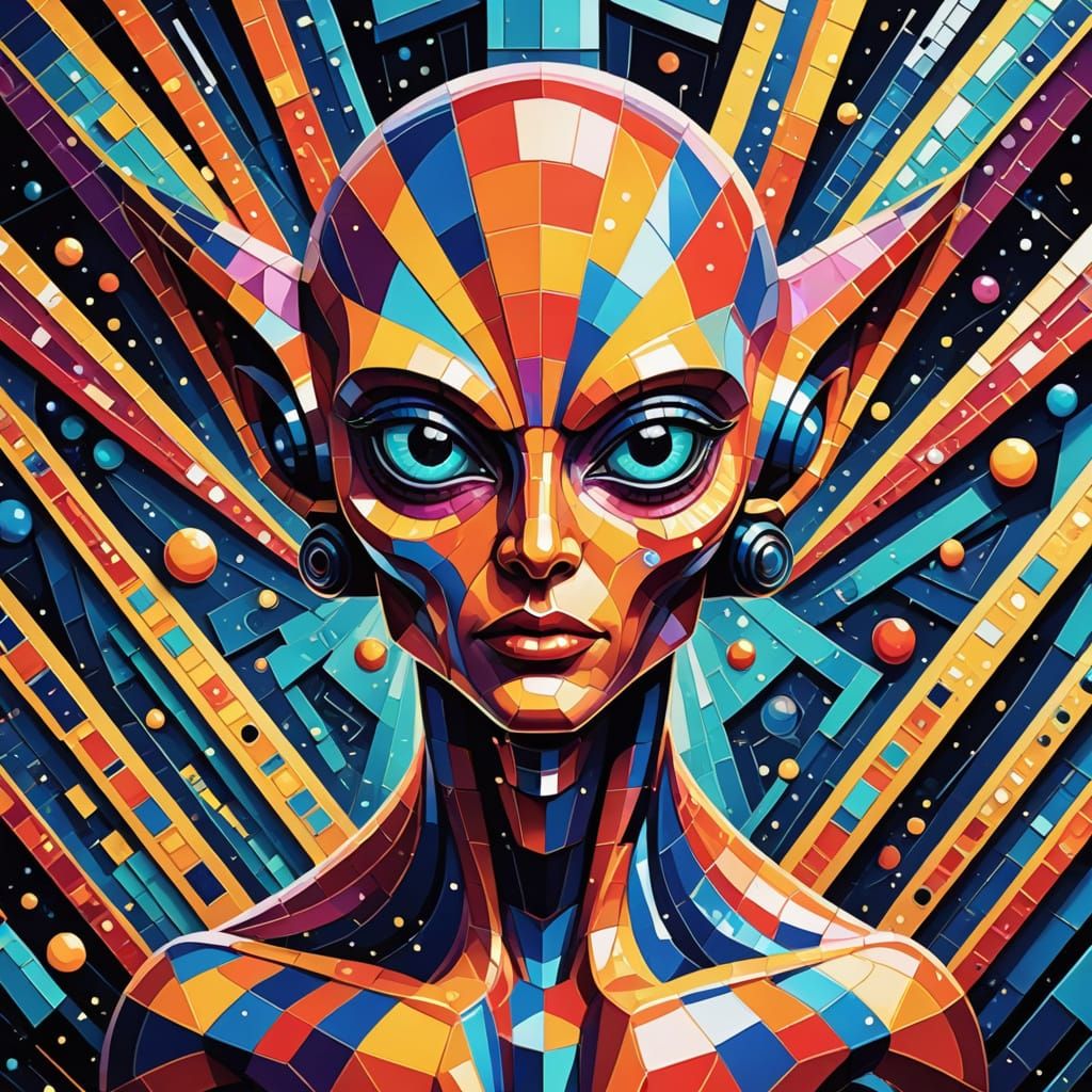 A Cubist Alien Emerges from a UFO in Geometric Faubism Style