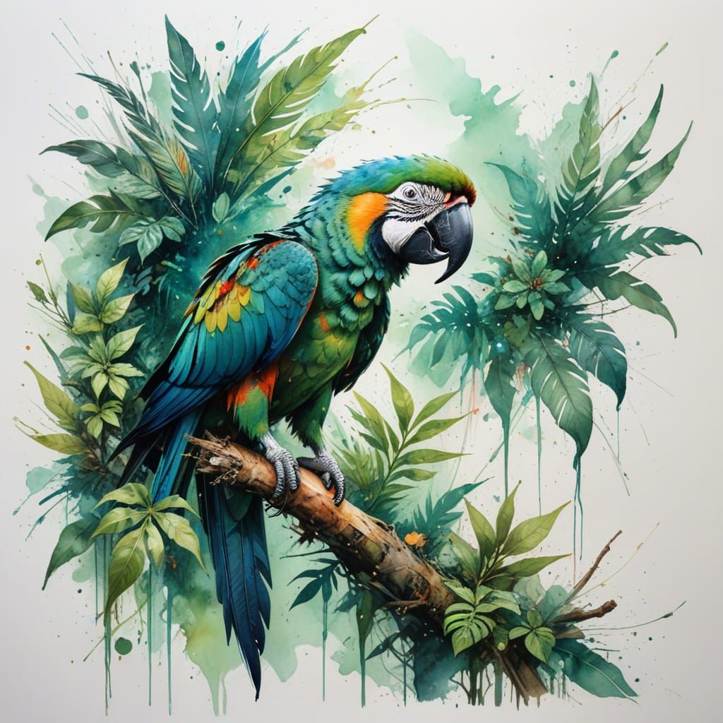 Emerald Jungle Oasis with Ancient Ruins and Vibrant Macaw
