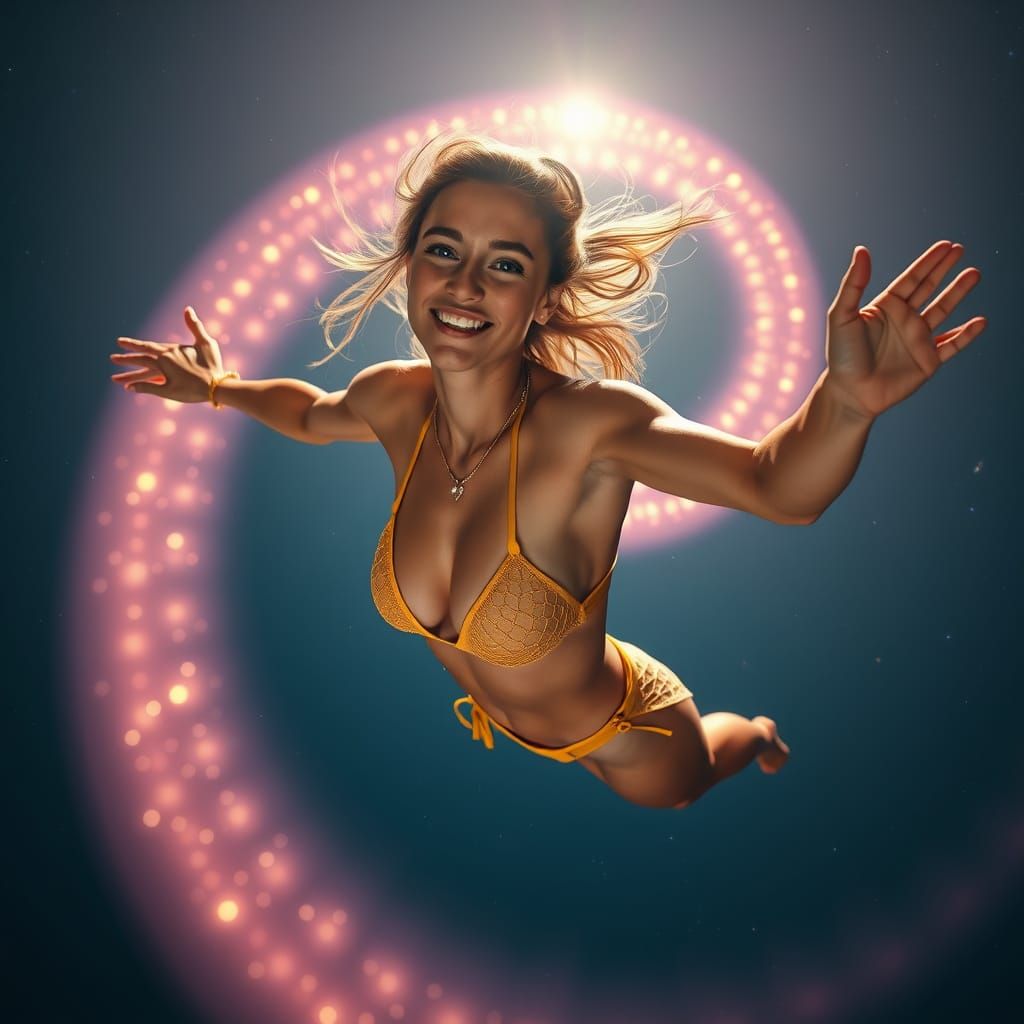 Surreal Portrait of a Young Woman in Flight with Rainbow Aur...