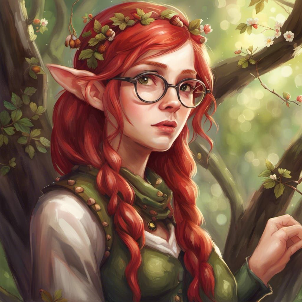 Red-Haired Wood Elf with Blossoms and Acorns