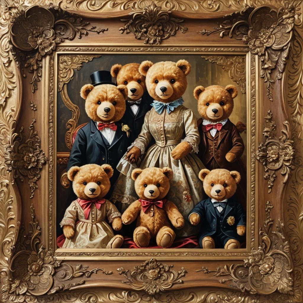 Teddy Bear Family Portrait in Victorian Frame