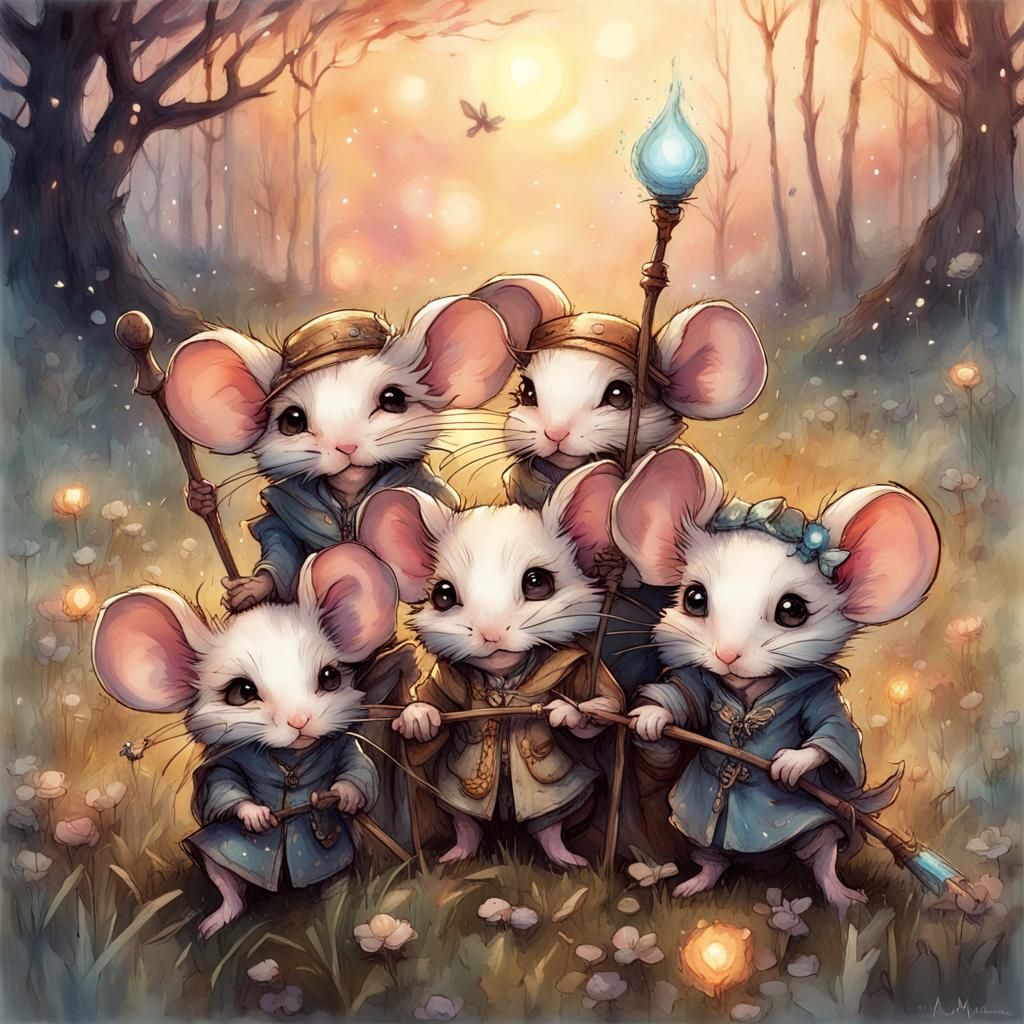 Chibi Mice Magicians Perform Magic Trick at Night