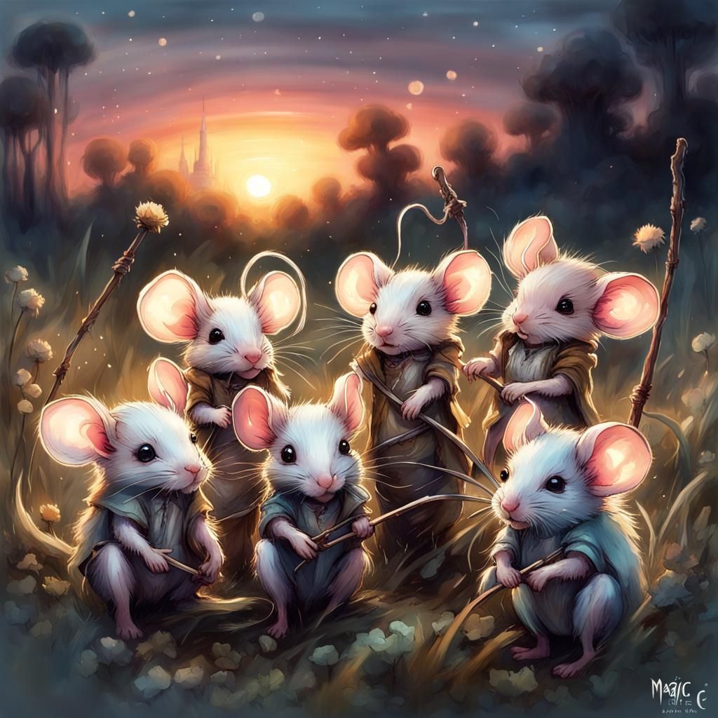 Chibi Mice Magicians Perform Magic Trick at Night