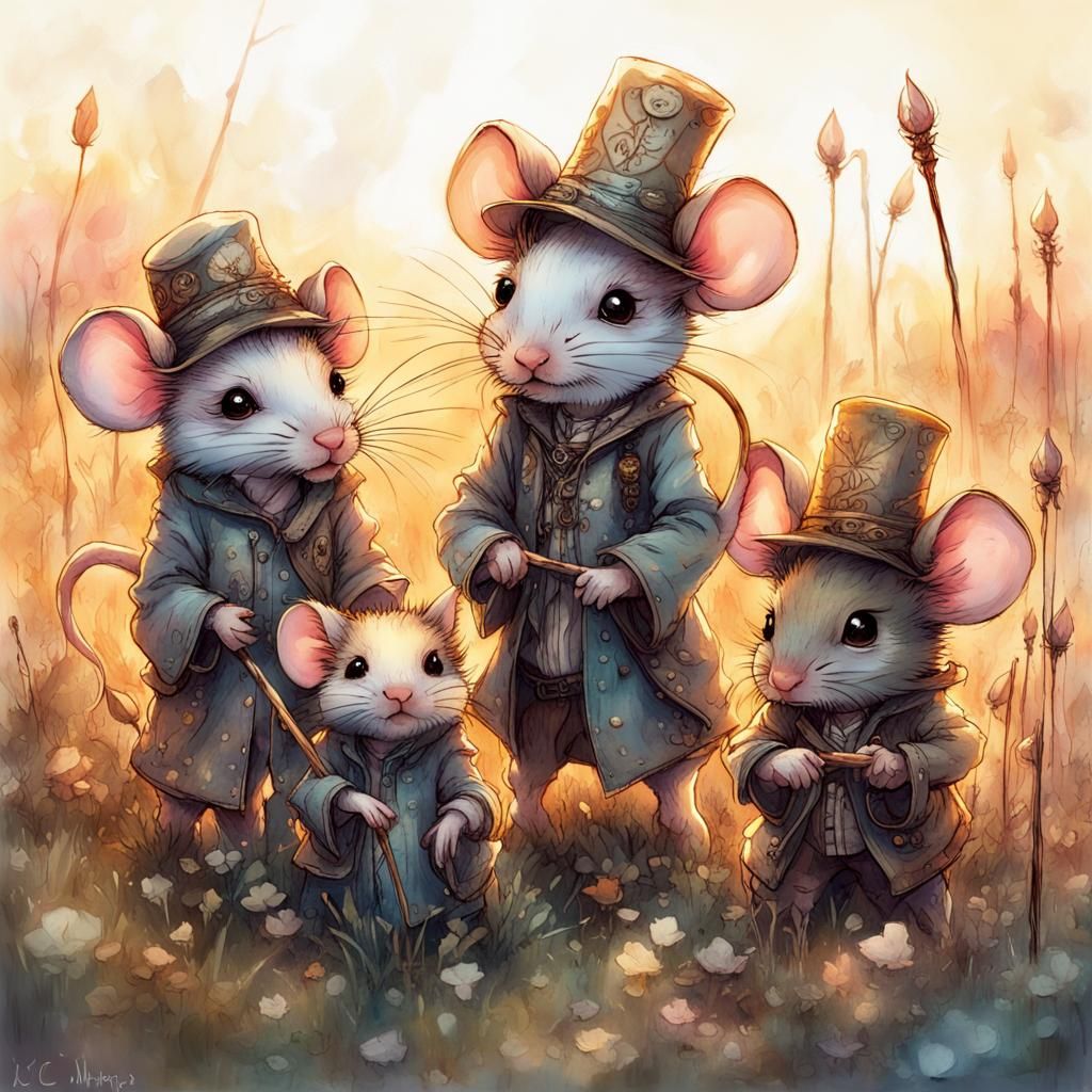 Chibi Mice Magicians in a Sci-Fi Meadow