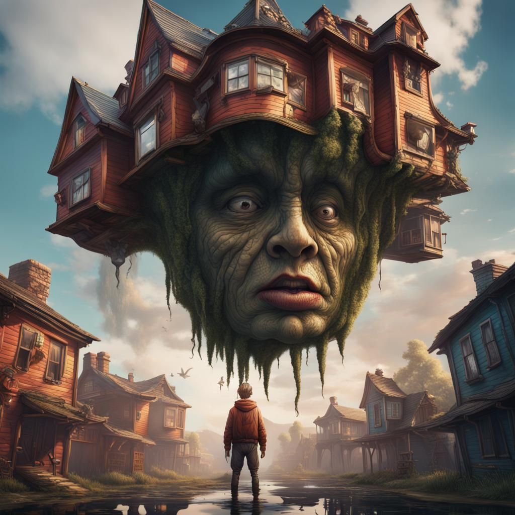 Man with Houses for Hair: Fantasy Concept Art