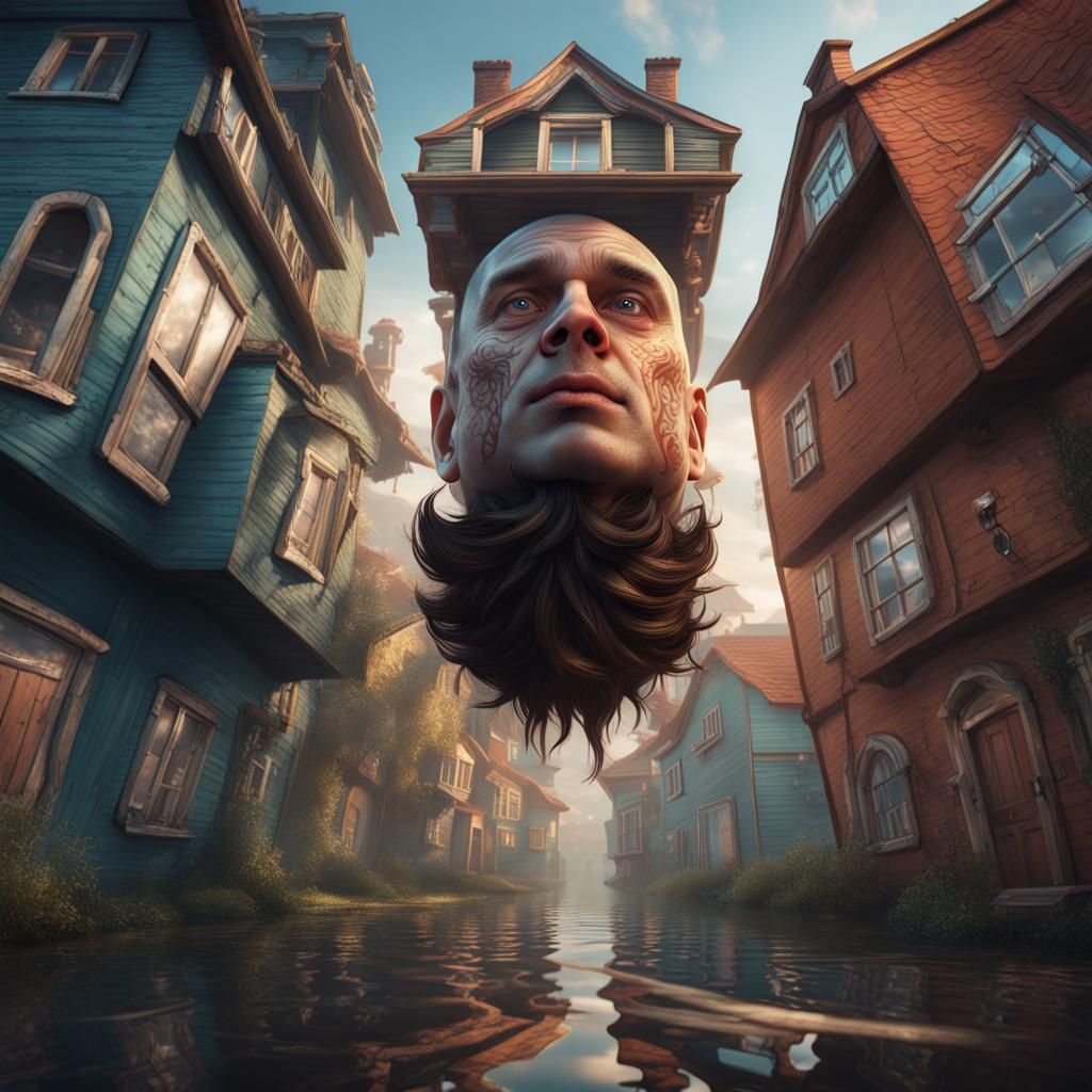 Upside Down Man with Houses: Detailed Matte Painting