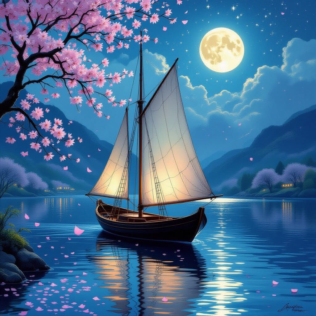 Moonlit Sailboat Drifting on Blossom Lake in Pre-Raphaelite ...