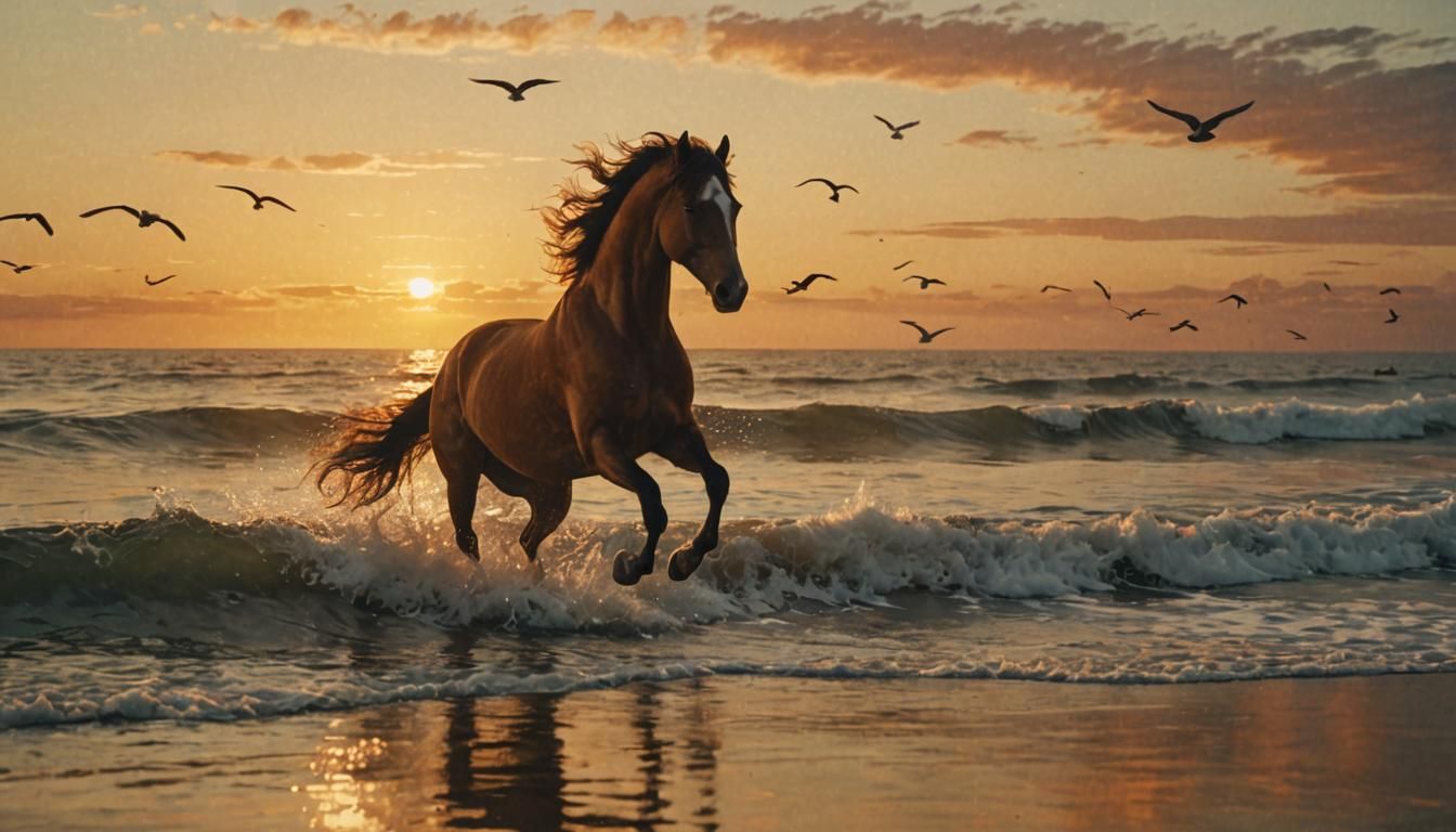 Majestic Horse Leaps Across Sunrise Ocean