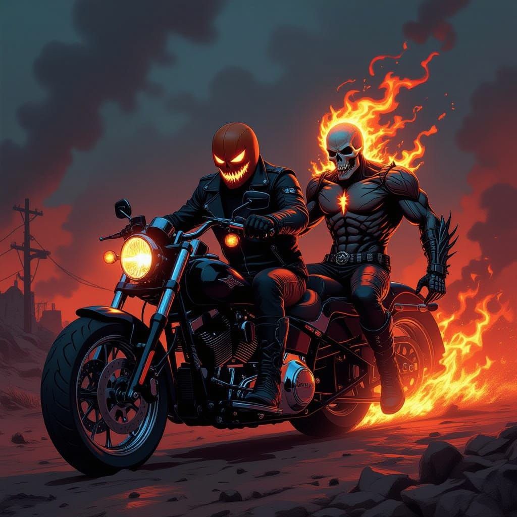 Pumpkinhead Avenger Battles Ghost Rider in Fiery Wasteland