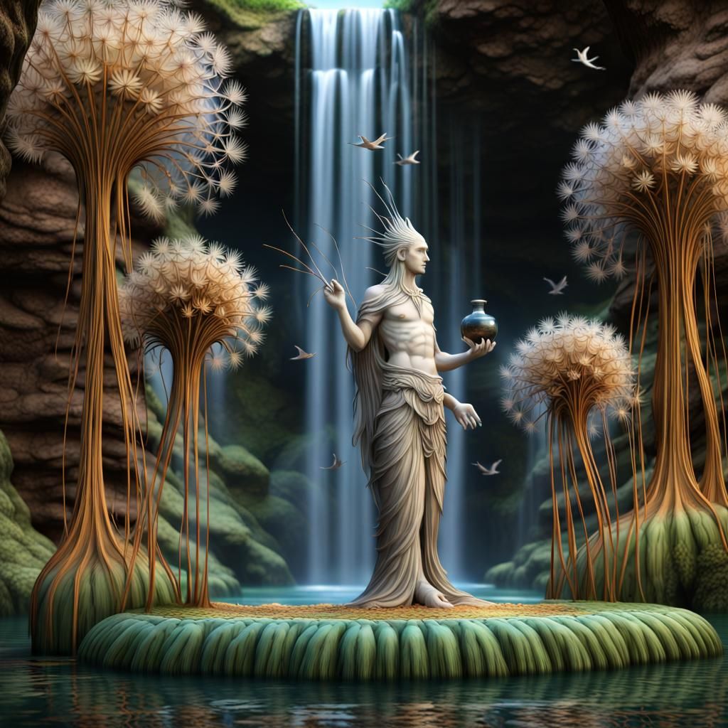 Dandelion God Sculpture Under Waterfall, Steampunk Style