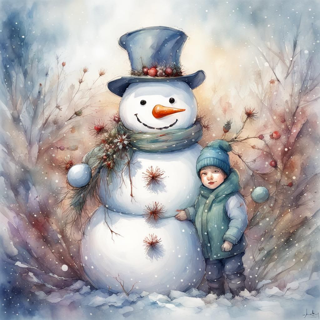 Christmas Snowman and Young Man in Watercolor Style