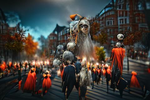 Surreal Halloween Procession in Mixed Media