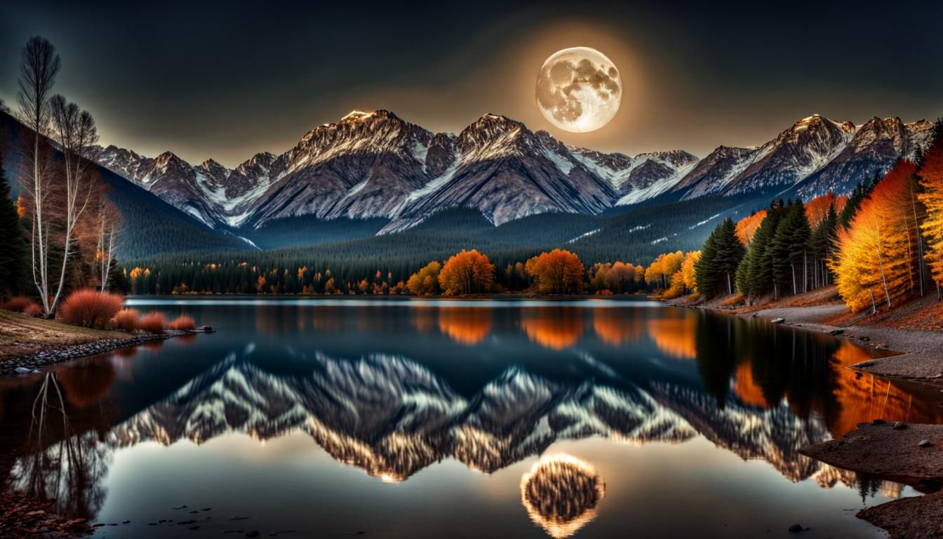 Autumn Lake Reflections at Night: Hyperrealistic HDR Image