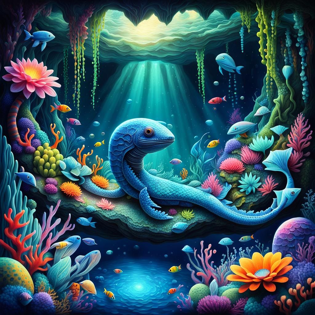 Surreal Alien Fish in Bioluminescent Cave