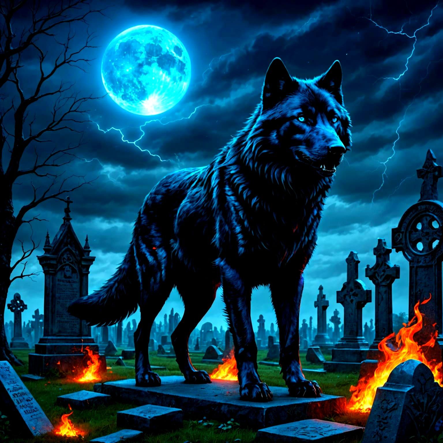 Mystical Black Wolf in Gothic Cemetery