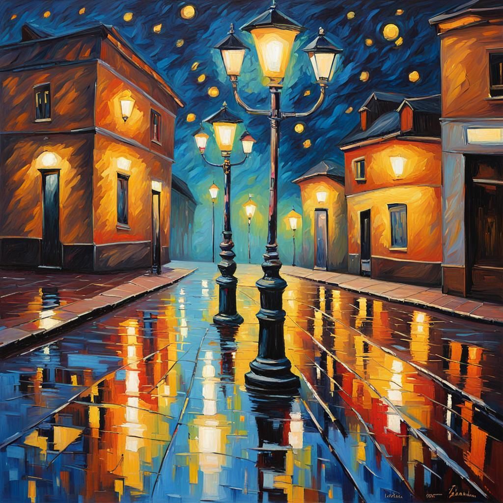 Stars Reflected in Puddles: Expressionist Oil Painting