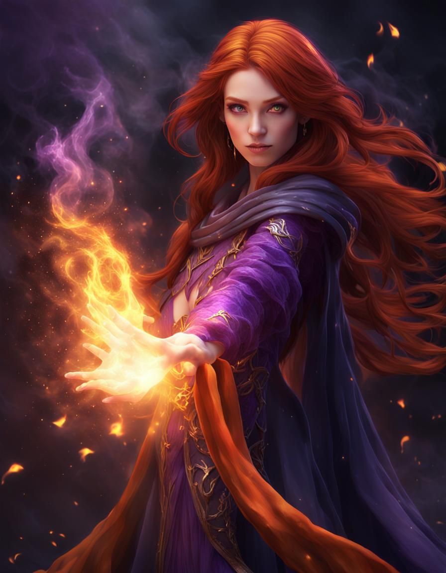 Auburn-Haired Sorceress Casting Flame Spell in 3D Anime Art