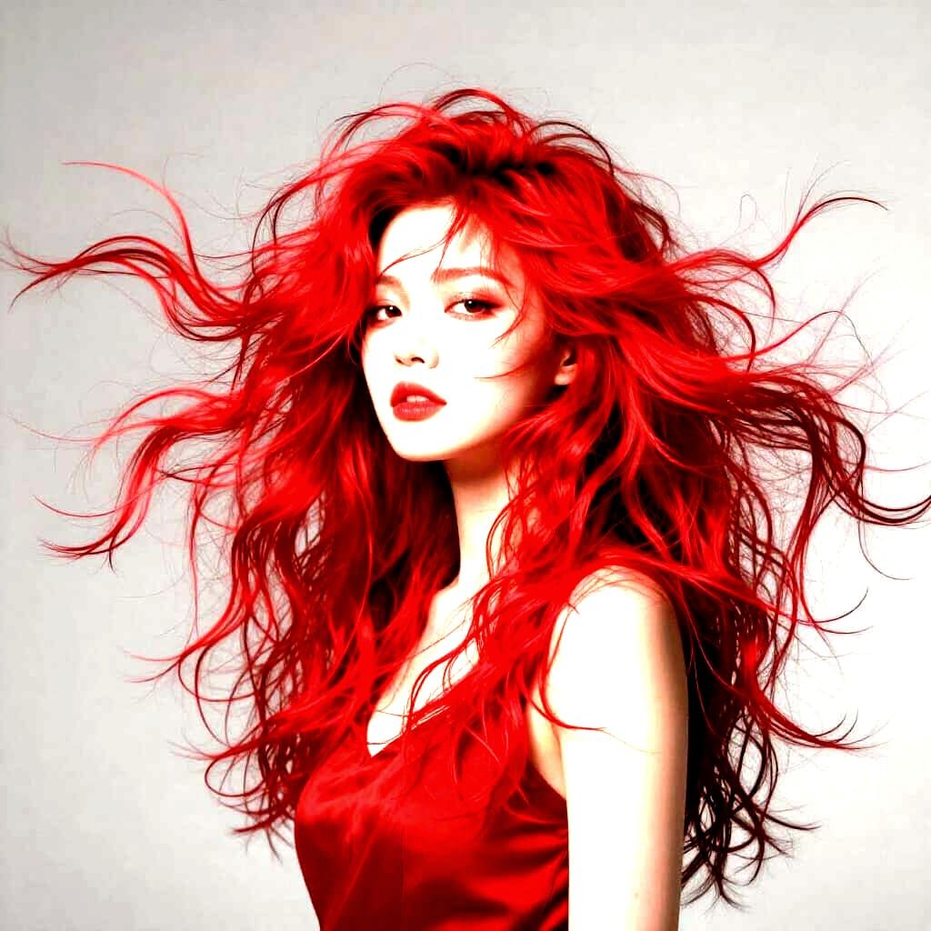 Expressionist Portrait of Chaotic Beauty with Flowing Red Ha...