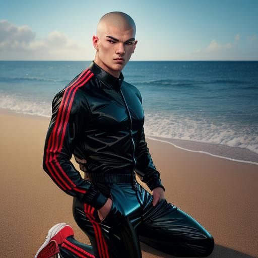 Muscle Man in Adidas Kneels on Sand, Hyperrealistic