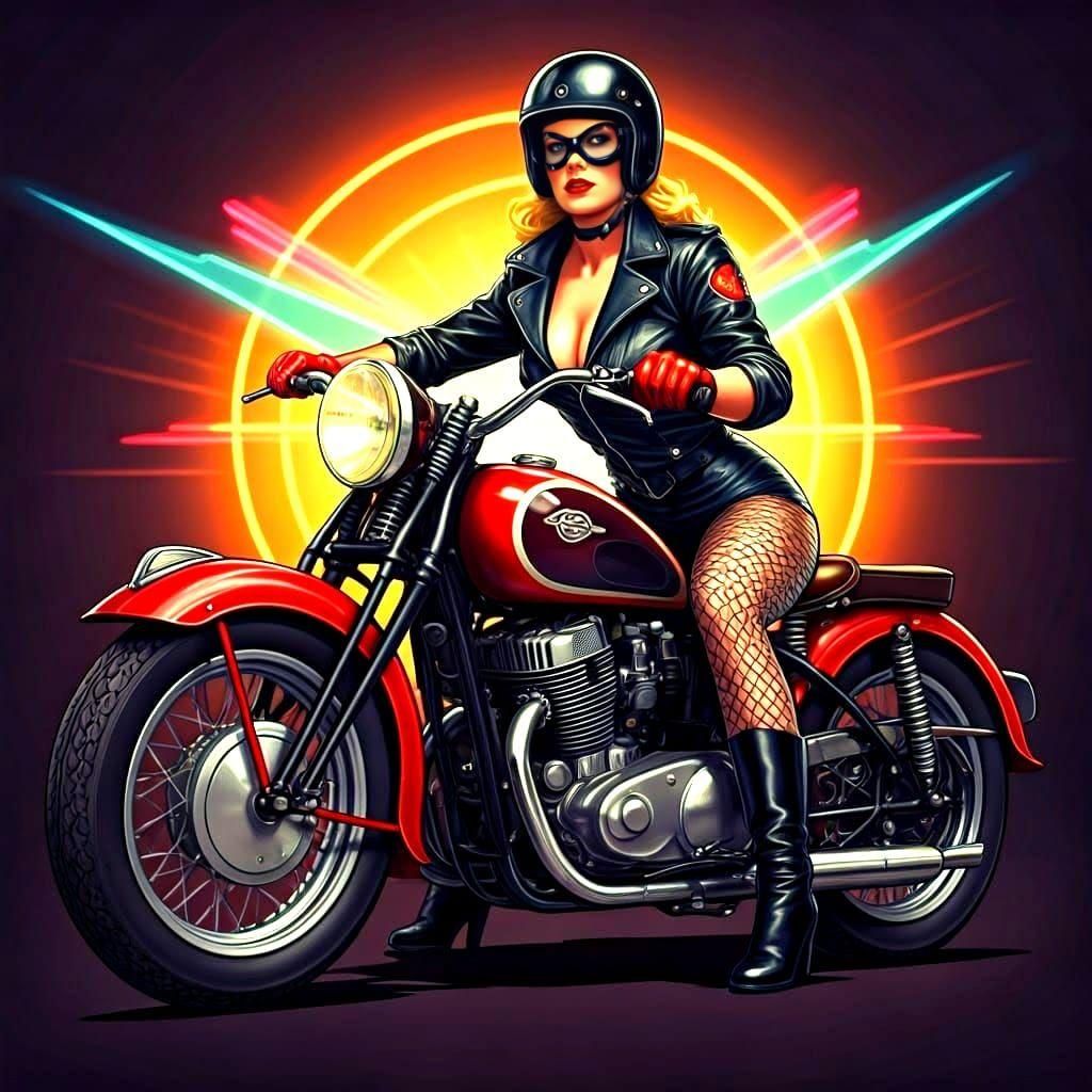 Black Canary Superhero with Motorcycle, 1940s Abstract Art