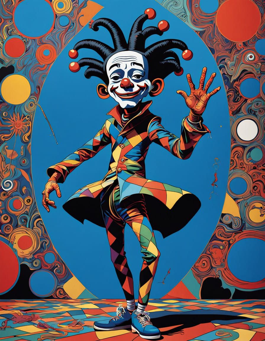 Vibrant Jester in Whimsical Harlequin Costume, Juggling Bowl...
