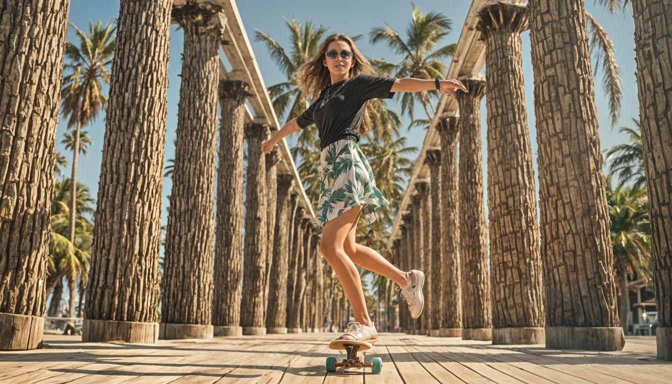 Girl Dancing on Longboard at Sunny California Beach