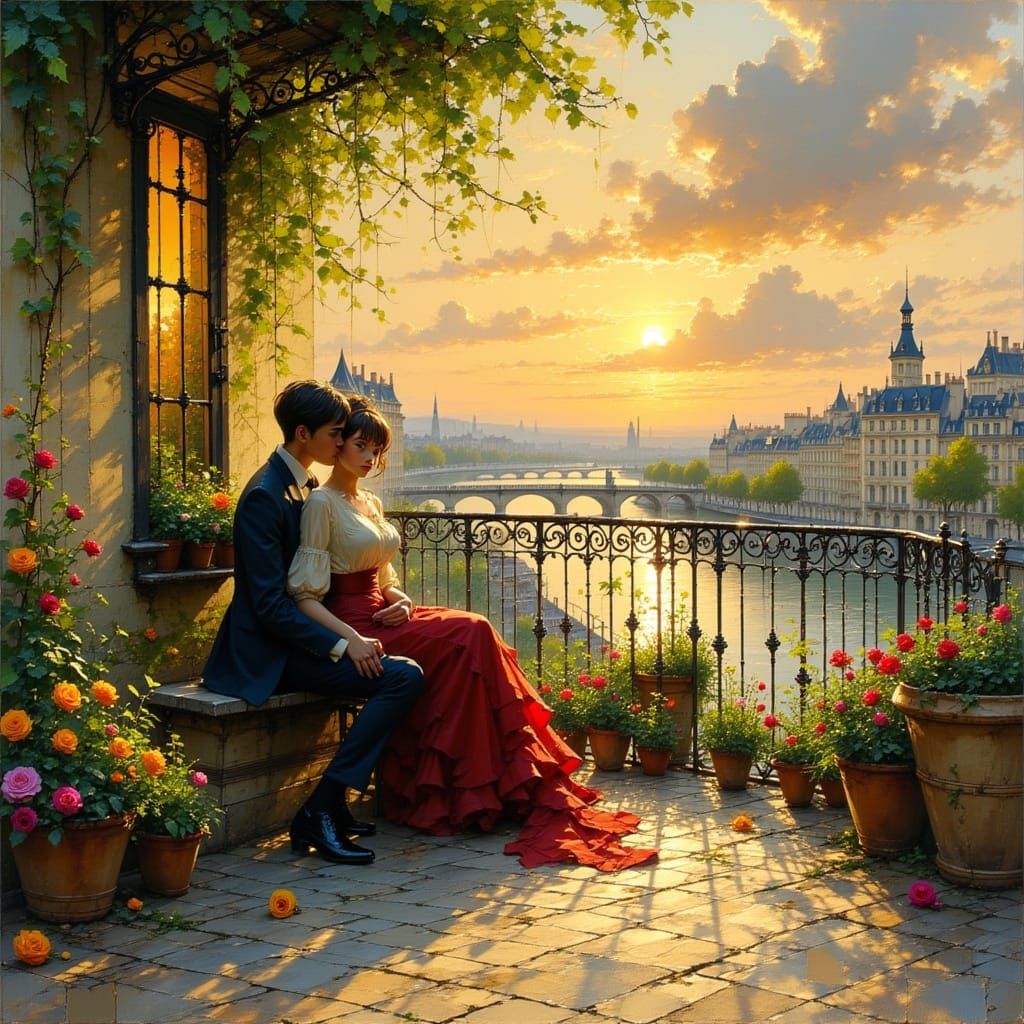 Romantic Terrace Overlooking the Seine in Impressionist Styl...