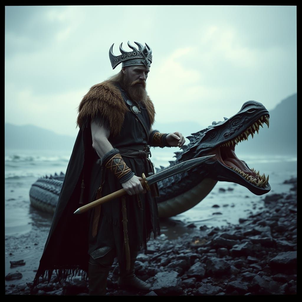 Viking Dragon Slayer in Howard Pyle Style