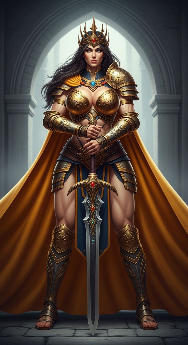 Powerful Female Warrior in Ornate Golden Armor