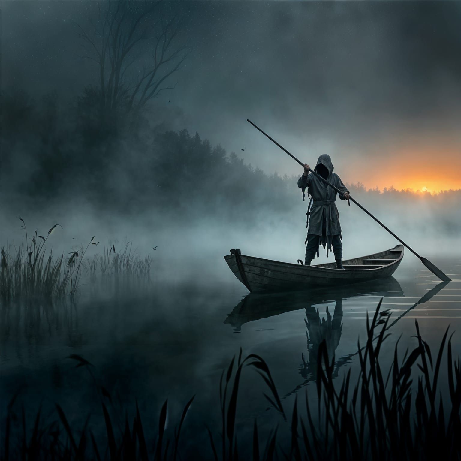 Eerie Figure Drifting on Misty Lake: Watercolor Art